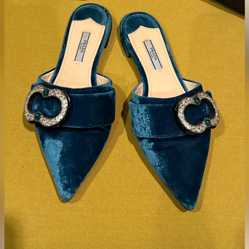 PRADA size 37 midnight blue velvet jeweled slides